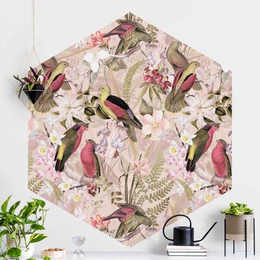 Self-adhesive hexagonal pattern wallpaper - Pink Pastel Birds With Flowers