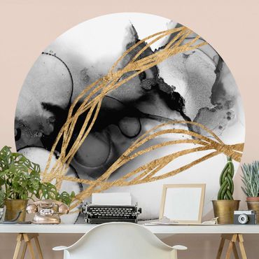 Self-adhesive round wallpaper - Black Ink With Golden Lines II