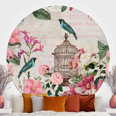 Self-adhesive round wallpaper - Shabby Chic Collage - Pink Flowers And Blue Birds