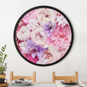 Circular framed print - Shabby Roses With Bluebells