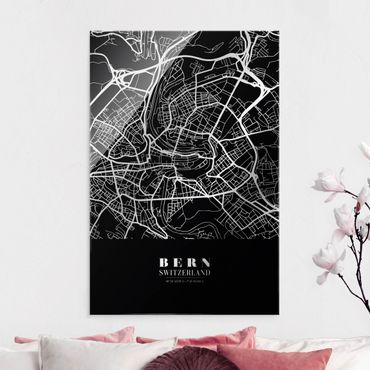 Glass print - Bern City Map - Classic Black - Portrait format