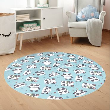 Vinyl Floor Mat round - Cute Panda With Paw Prints And Hearts Pastel Blue