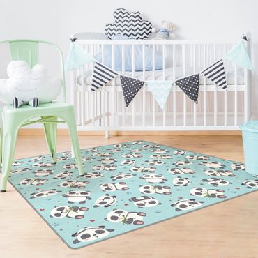 Rug - Cute Panda With Paw Prints And Hearts Pastel Blue