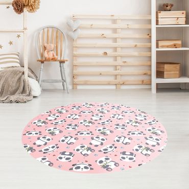 Vinyl Floor Mat round - Cute Panda With Paw Prints And Hearts Pastel Pink