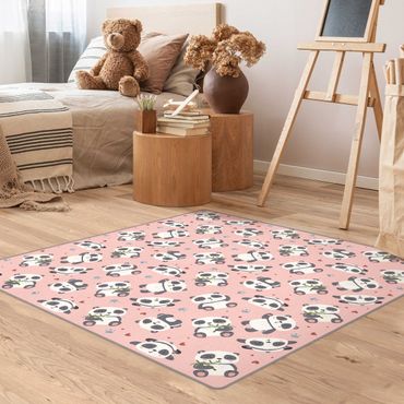 Rug - Cute Panda With Paw Prints And Hearts Pastel Pink