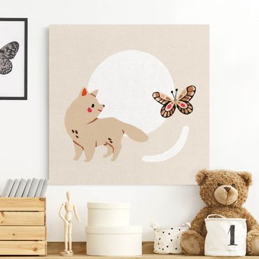 Natural canvas print - Cute Animal Illustration - Cat And Butterfly - Square 1:1