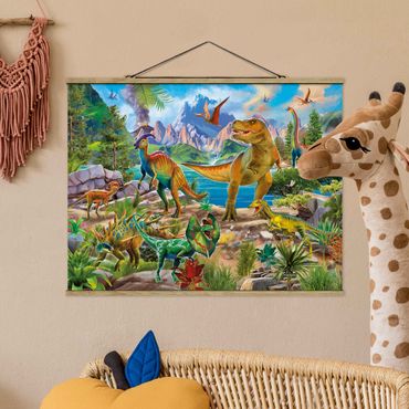 Fabric print with poster hangers - T-Rex And Parasaurolophus - Landscape format 4:3
