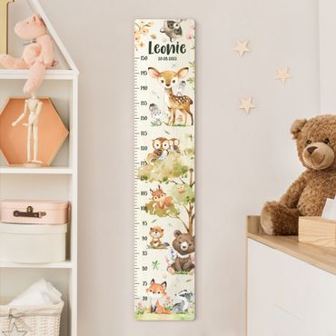 Wooden height chart for kids - Animals from the forest watercolour with custom name