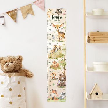 Wall sticker height chart for kids - Animals from the forest watercolour with custom name