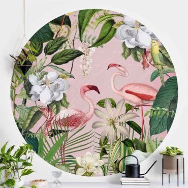 Self-adhesive round wallpaper - Tropical Flamingos With Plants In Pink