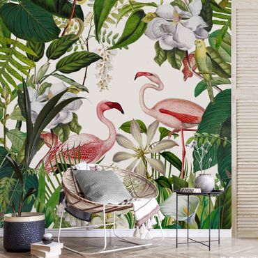 Wallpaper - Tropical Flamingos With Plants