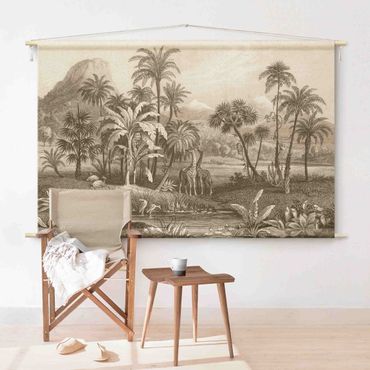 Tapestry - Tropical Copperplate Engraving With Giraffes In Brown