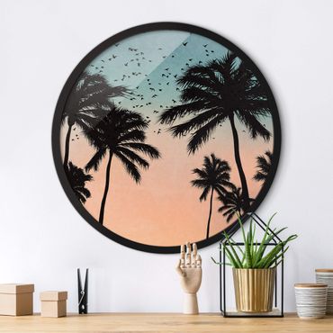 Circular framed print - Tropical Sunrise In Blue Pink