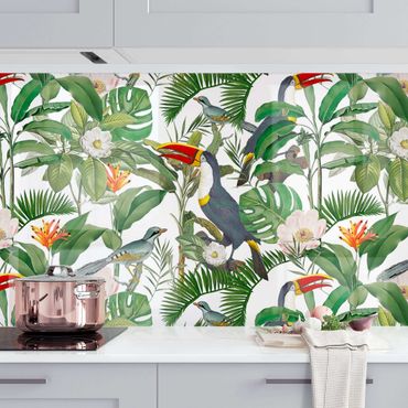 Kitchen wall cladding - Tropical Toucan With Monstera And Palm Leaves II