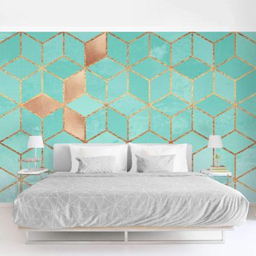 Wallpaper - Turquoise White Golden Geometry