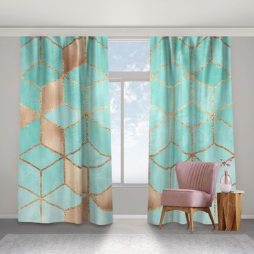 Curtain - Turquoise White Golden Geometry