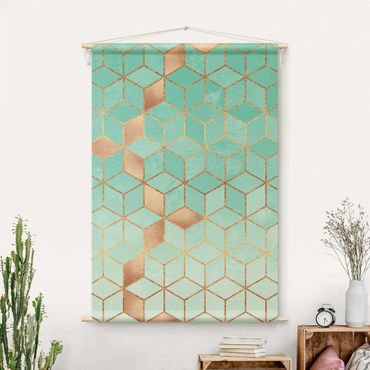 Tapestry - Turquoise White Golden Geometry