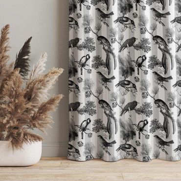 Curtain - Birds On Stripes Black And White