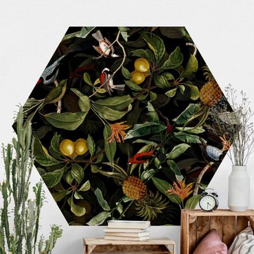 Self-adhesive hexagonal pattern wallpaper - Birds With Pineapple Green