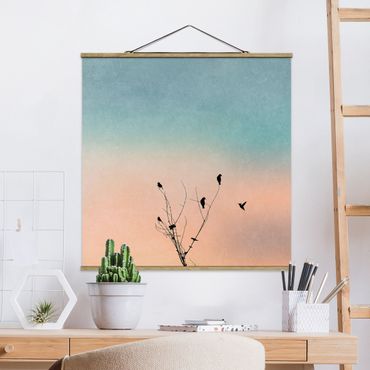 Fabric print with poster hangers - Birds In Front Of Rose Sun II - Square 1:1