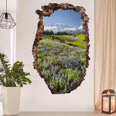 Wall sticker - Mountain Meadow With Red Flowers in Front of Mt. Rainier Break Through Wall