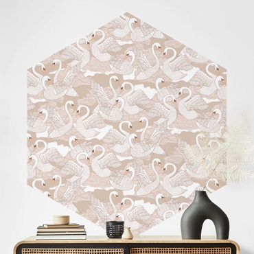 Self-adhesive hexagonal wall mural - White Swans On Beige