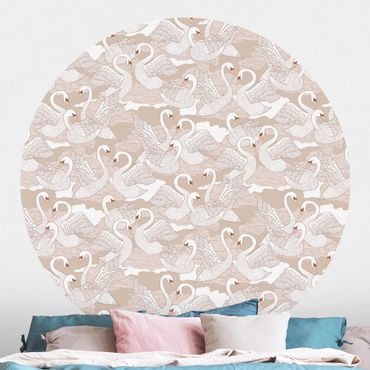 Self-adhesive round wallpaper - White Swans On Beige