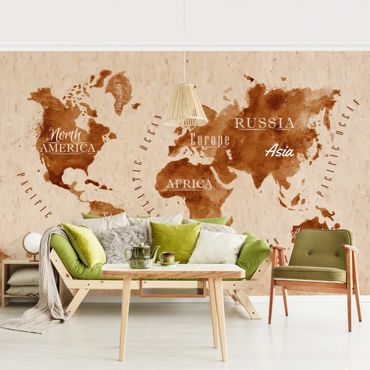 Wallpaper - World Map Watercolour Beige Brown