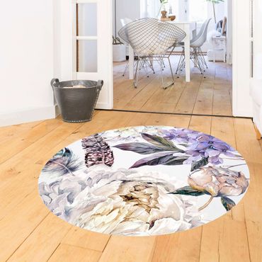 Vinyl Floor Mat round - Delicate Watercolour Boho Flowers And Feathers Pattern