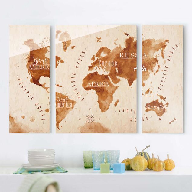 Glass prints architecture and skylines World Map Watercolour Beige Brown