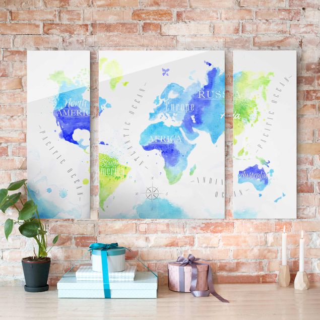 Glass prints architecture and skylines World Map Watercolour Blue Green