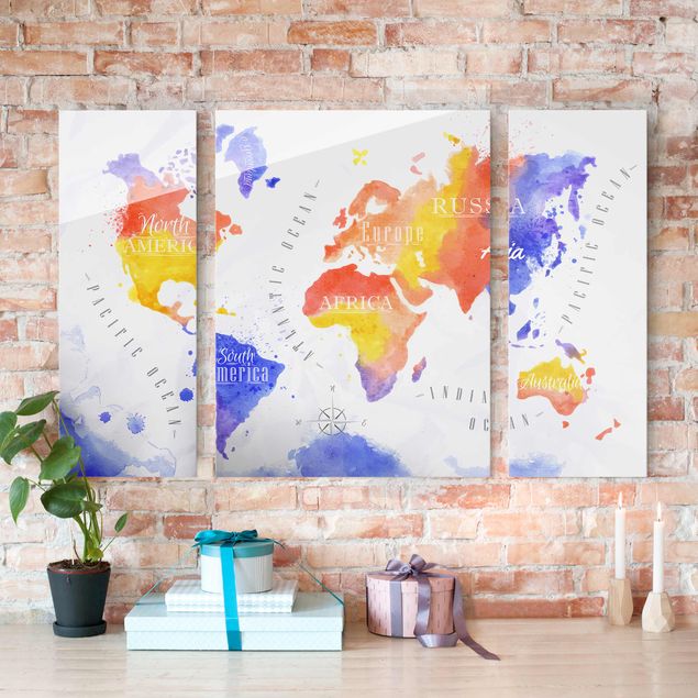 Glass prints architecture and skylines World Map Watercolour Purple Red Yellow