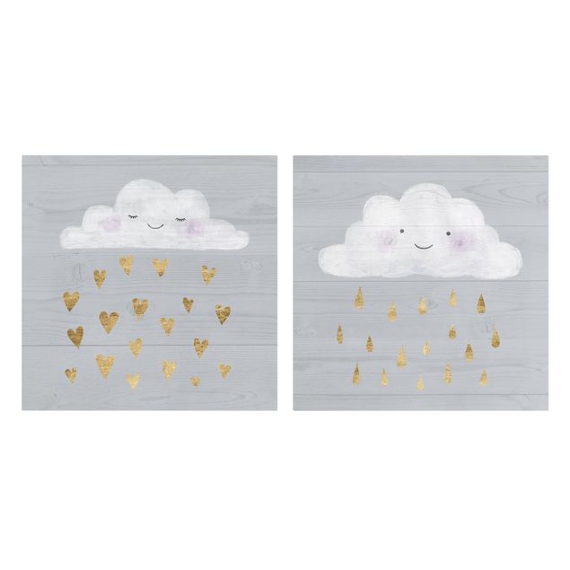 Prints Clouds With Golden Heart And Drops Set I