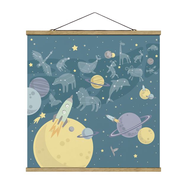 Navy blue wall art Planets With Zodiac And Missiles