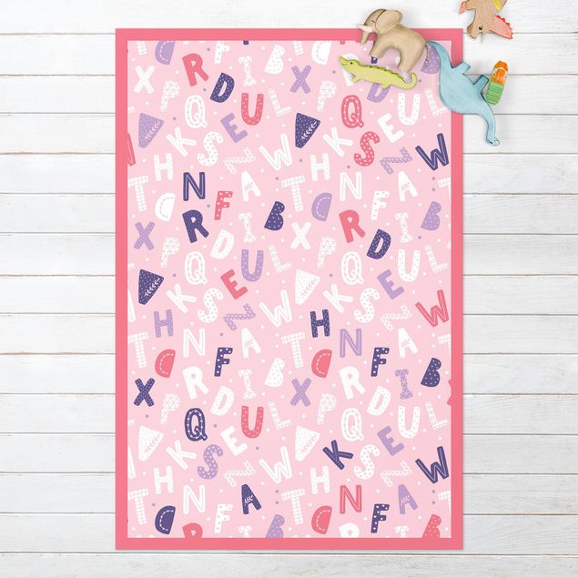outdoor patio rugs Alphabet With Hearts And Dots In Light Pink With Frame