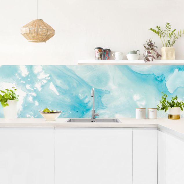 Kitchen splashback abstract Emulsion In White And Turquoise I