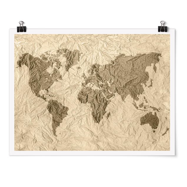 Prints modern Paper World Map Beige Brown