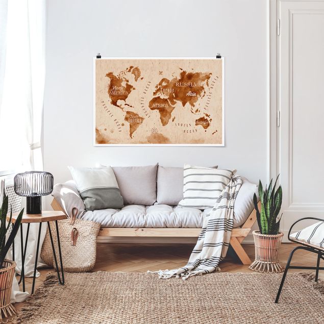 Prints maps World Map Watercolour Beige Brown