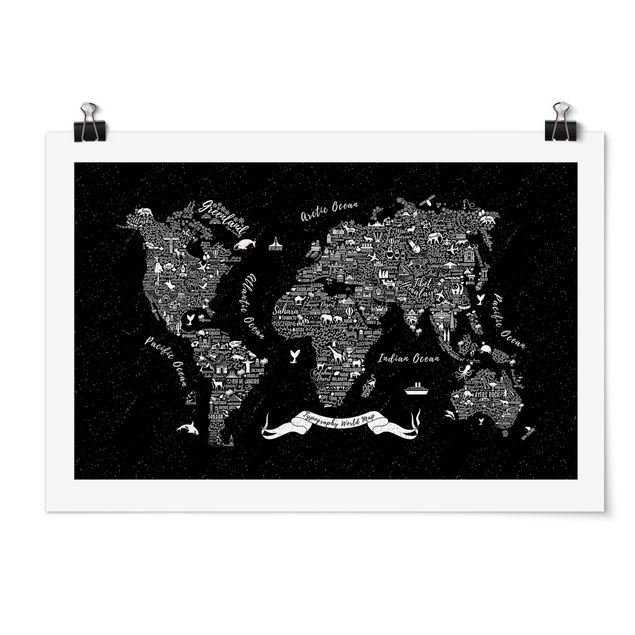 Framed quotes Typography World Map Black