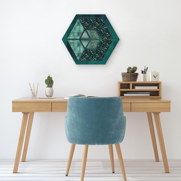 Modern art prints Blue Hexagon With Gold Outline
