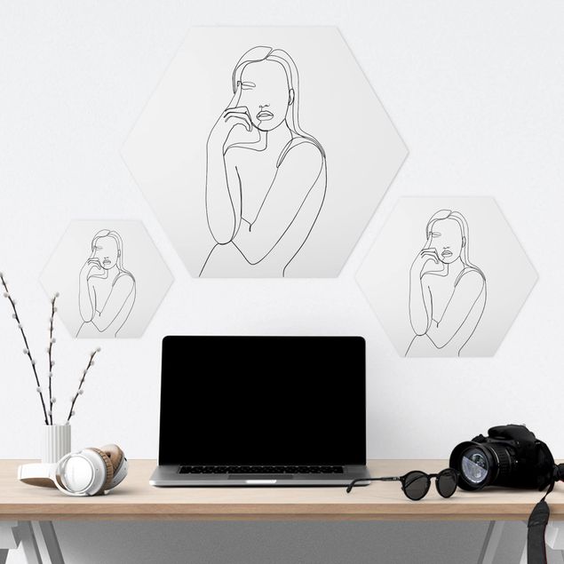 Hexagon photo prints Line Art Pensive Woman Black And White
