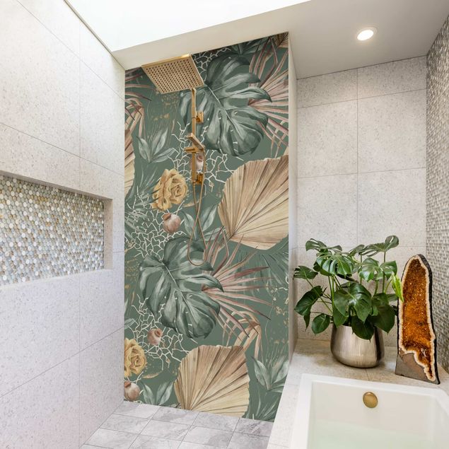 Shower wall panels Large Leaves With Roses In Front Of Green