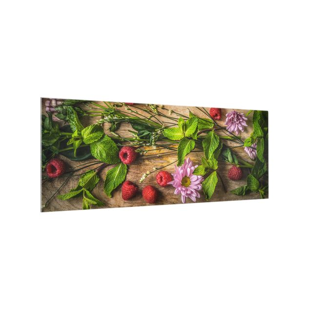 Glass splashback spices and herbs Flowers Raspberry Mint