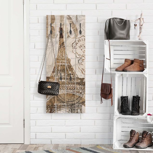 Wall mounted coat rack wood Shabby Chic Collage - Paris