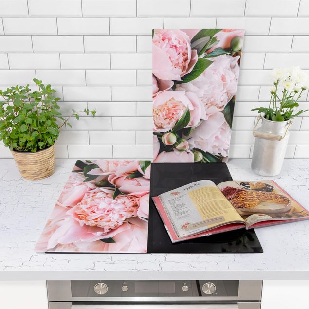 Glass stove top cover Pink Peonies With Leaves
