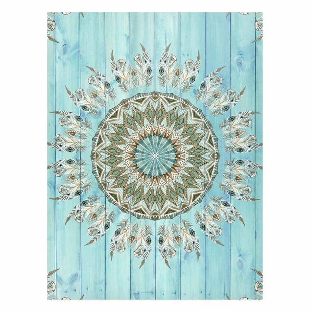 Feather canvas Mandala Watercolour Feathers Blue Green Wooden Boards