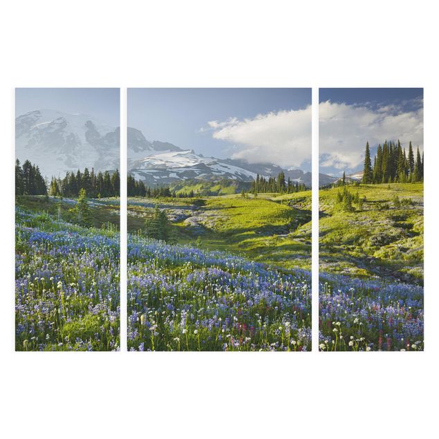 Mountain canvas wall art Mountain Meadow With Blue Flowers in Front of Mt. Rainier