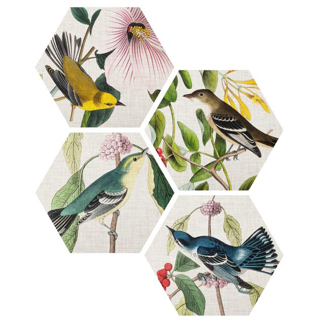 Floral canvas Birds On Linen Set II