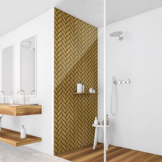 Shower wall cladding - Fish Bone Tiles - Golden Look Black Joints