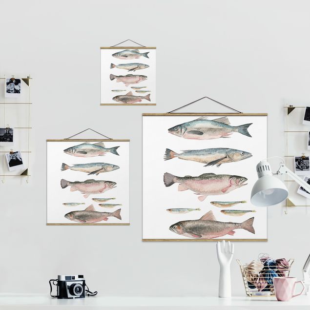 Fabric print with posters hangers Seven Fish In Watercolour I